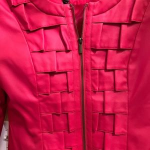 Faux Red Leather Jacket,  size Large. Tags on jacket.pleats on front.